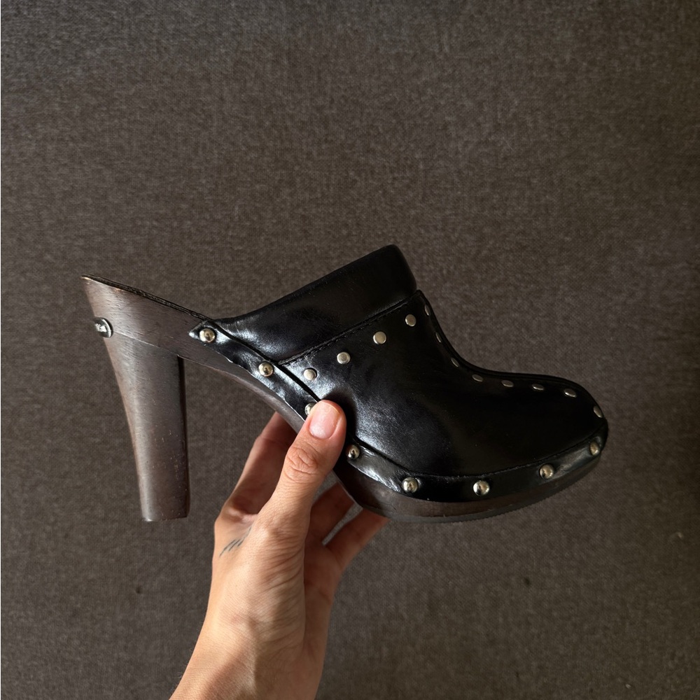Black Leather Studded Clog Heels - Women